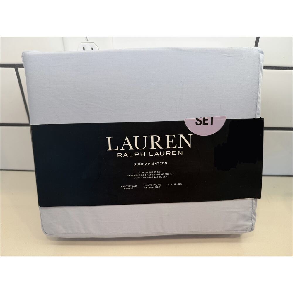 Ralph Lauren Queen Sheet‎ Set Dunham Sateen Azure Blue 4pc Farmhouse Chic 300TC
